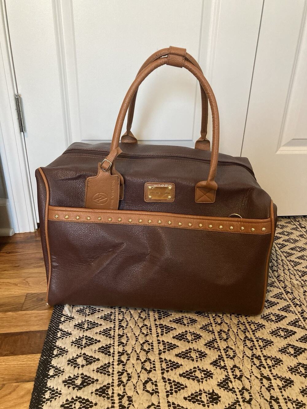 Adrienne Vittadini Duffle Weekender Bag Luggage Brown Faux Leather
